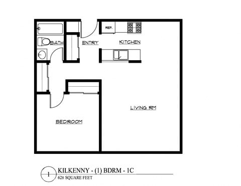 Floor plan for 1 bed, 1 bath, 628 sqft